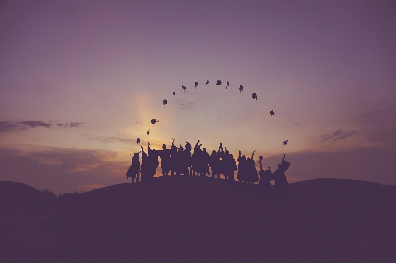 dawn, nature, graduates, throwing hats, dusk, people, silhouette, students, success, sunrise, sunset, students, students, success, success, success, success, success